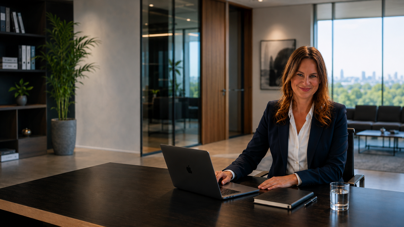 Debbie Dupont aan het werk in een modern directiekantoor